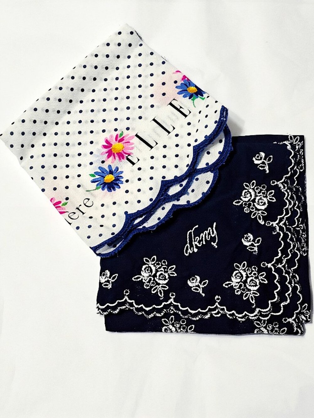 Set of Vintage Designer Cotton Handkerchiefs: 16-Inch ELLE Lumiere, 18-Inch DKNY